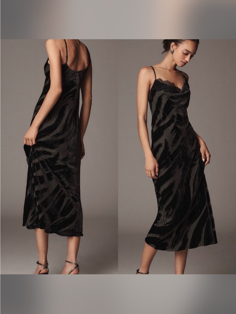 Anthropologie Black Velvet Zebra-Pattern Slip Midi Dress